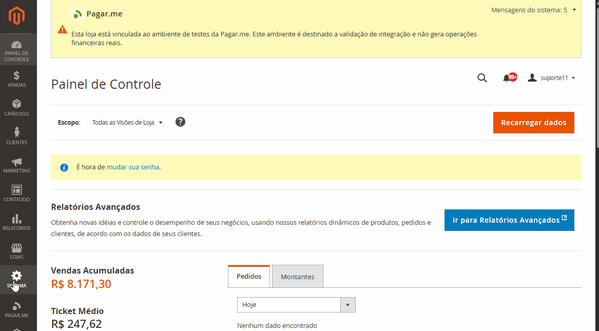 Demonstração da atualização do cache no painel administrativo