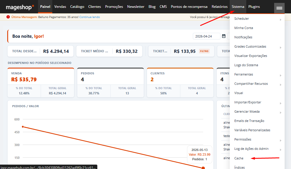Tela de gerenciamento de cache no painel administrativo