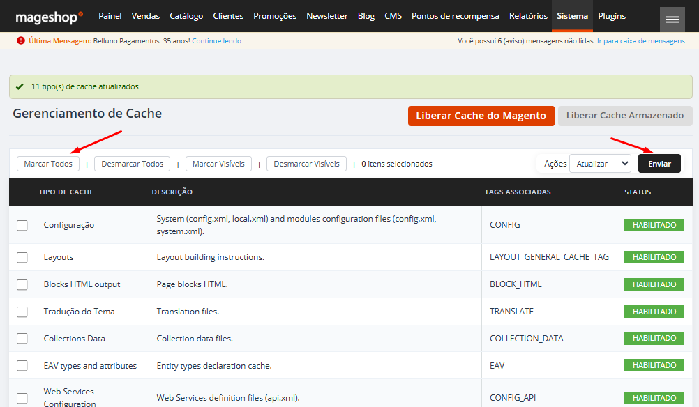 Opção Marcar Todos na lista de tipos de cache